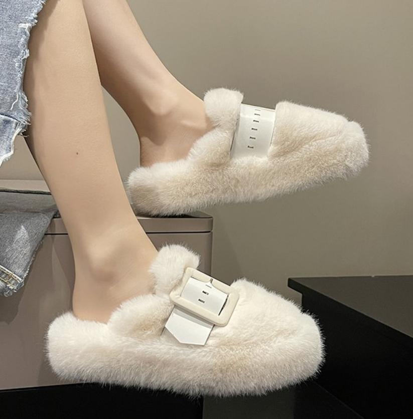 

Shoes Woman Brand Slippers Casual Cover Toe Fur Flip Flops Flock Platform Pantofle Luxury Plush Flat New Slides with Fur Rubb 35