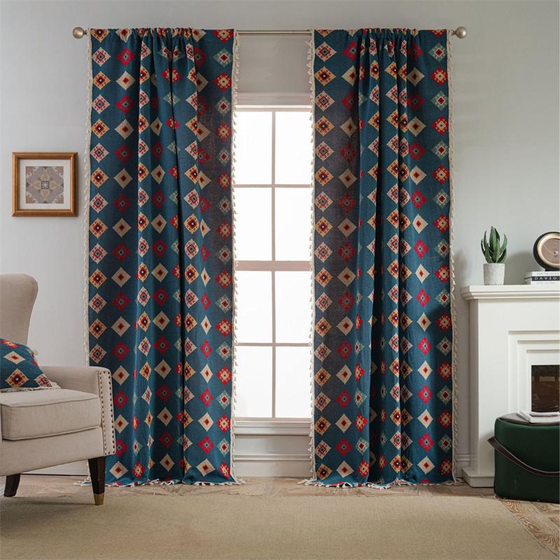 Panouri Jacquard Albastru Couture - Imprimeu Geometric Arhitectural cu Franjuri de Mătase | Voaluri cu Difuzie Luminoasă pentru Oficii de Bucătărie & Spații cu Atriu de Sticlă