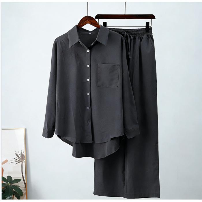 South East Asia Autumn and Winter Large Size Loose Elastic Wrinkle Long Sleeve Shirt Wide Leg Pants Fashion Casual Sports Suit