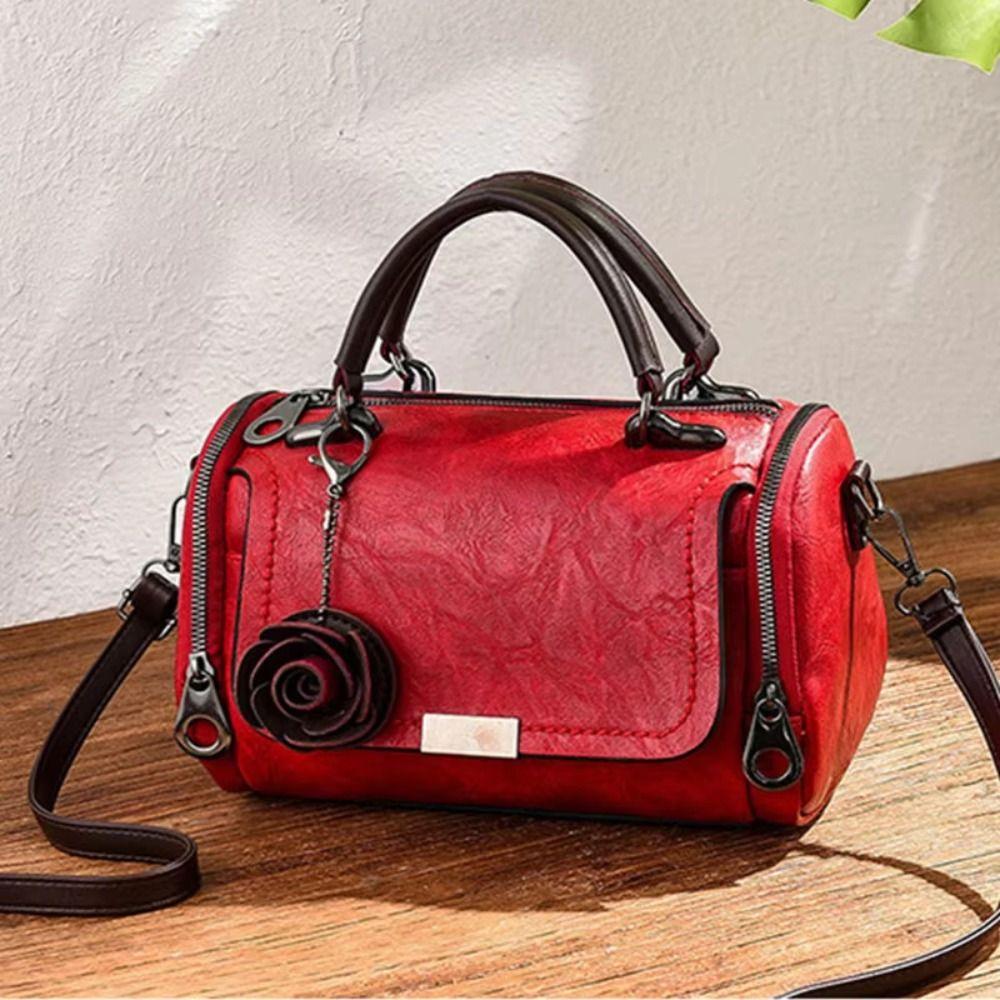 New Style PU Leather Shoulder Bag Solid Color Small Flower Pendant Leather Handbag Straddle Bag Women Use