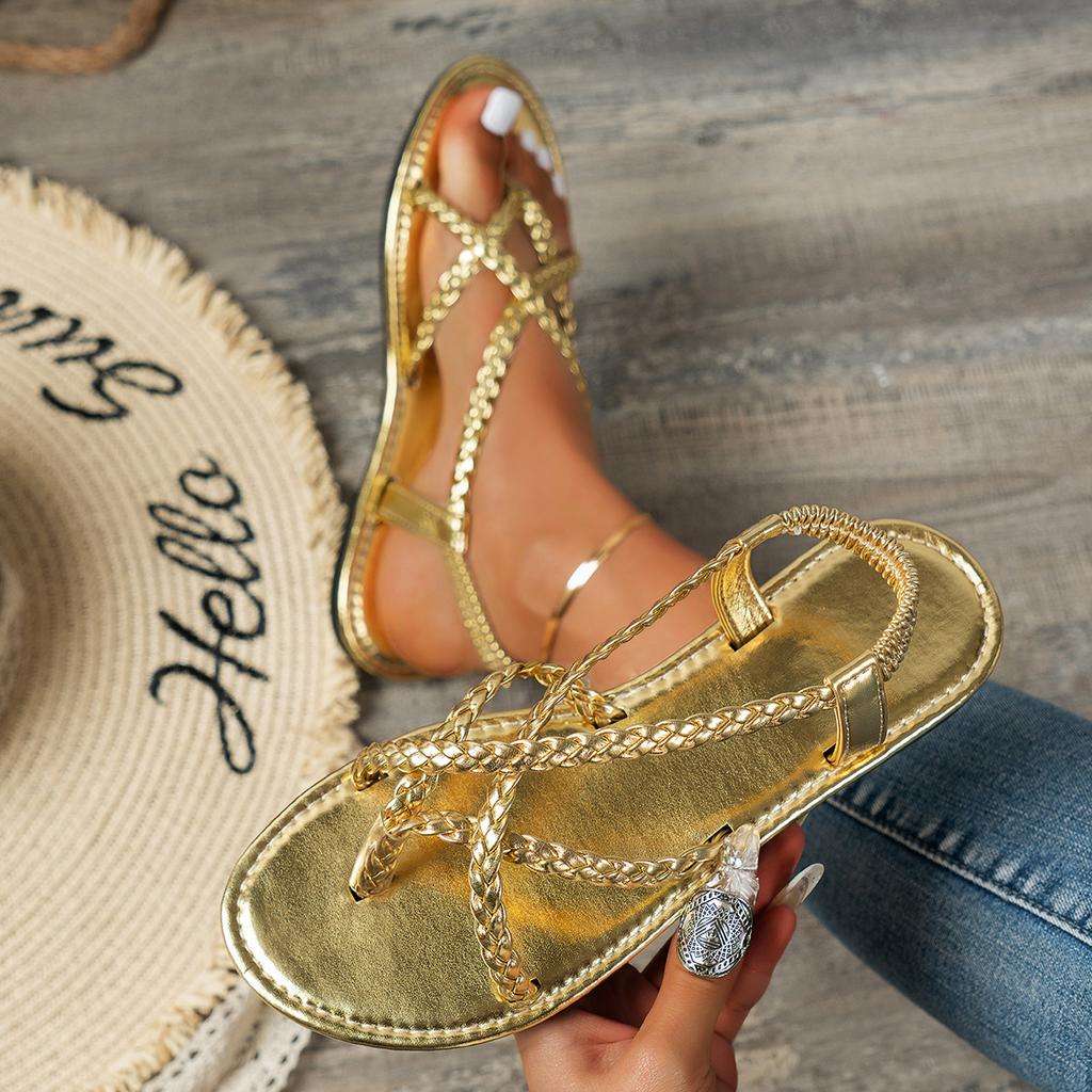 Foreign trade toe casual flat sandals women's 2025 new woven foot cover Roman beach shoes large size 43Sandal