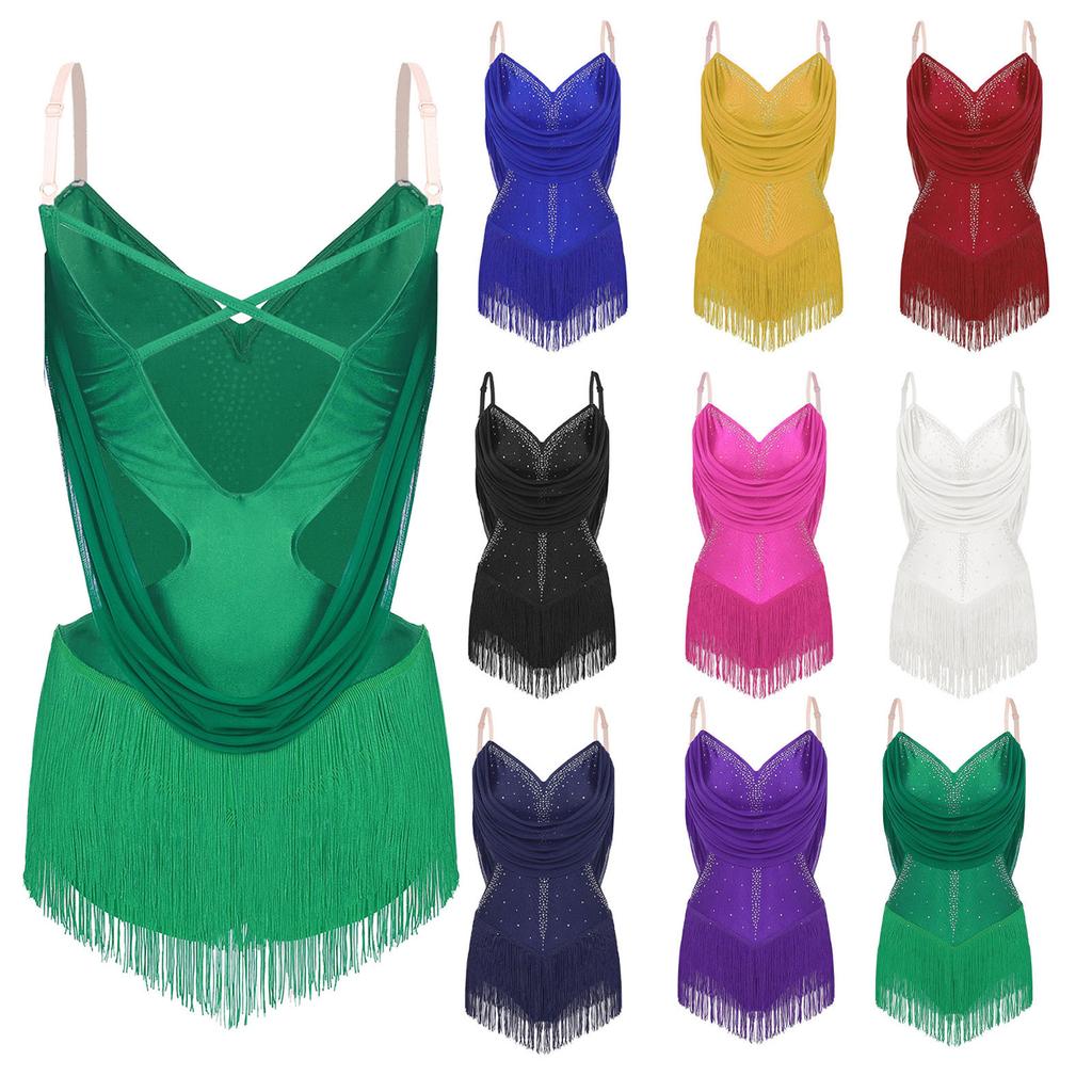 Fringed Bodysuit Dance Leotard Womens - Ruched Mesh Drapes Tassel Glittery Rhinestones Adjustable Straps with Cutout
