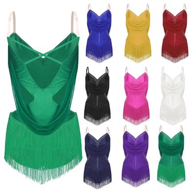Damen Tanzbody geraffte Mesh-Drapierungen glitzernde Strasssteine verstellbare Träger Cutout Fransenbody Bühnenbekleidung