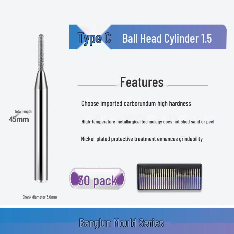 Banglun Diamond 3mm Alloy Grinding Head Set: Jade Carving, Cylindrical, Conical, Ball Needles