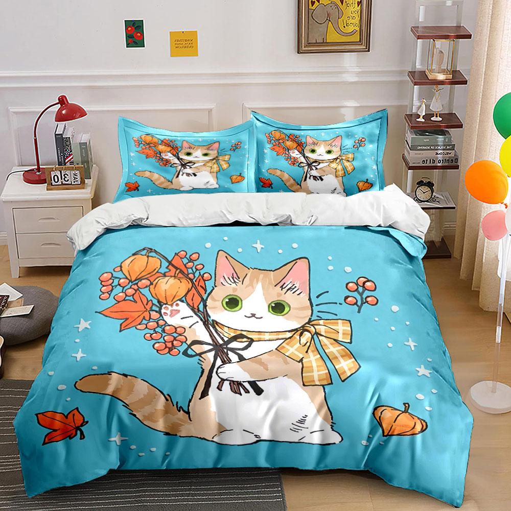 Autumn Cat with Scarf and Leaves Bedding Duvet Cover Set Duvet Cover Pillowcases (1*Duvet Cover 2*Pillowcases, Without Duvet Insert)