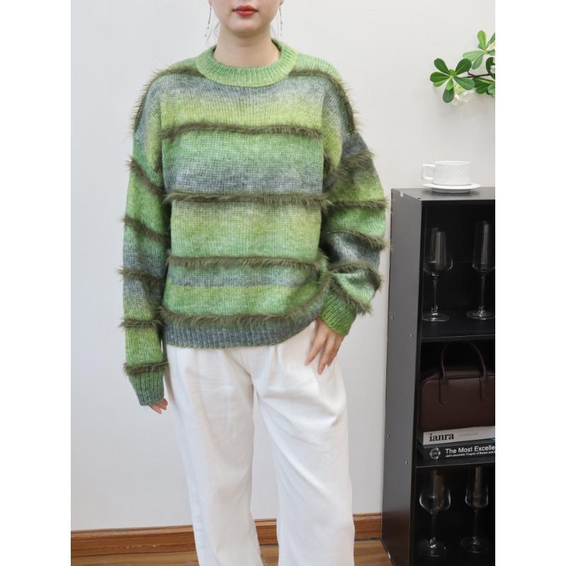 Gradual Change Color Splicing Imitation Mink Velvet Knitted Sweater Top Autumn and Winter New Loose Gentle Wind Sweater Pullover Women