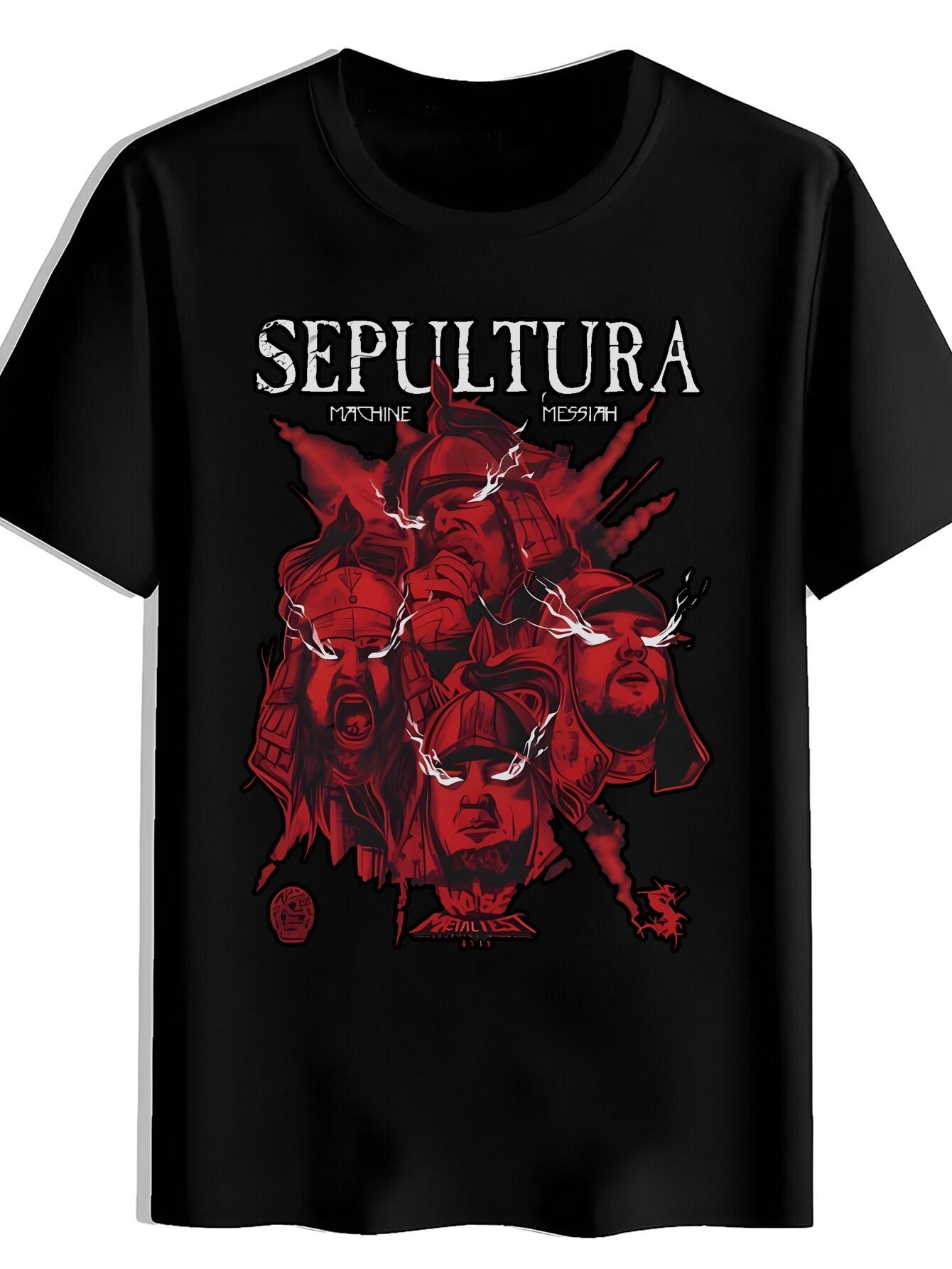 T-shirt Sepultura Heavy Metal Band Graphic - Black Crew Neck Tee with Red & White Artwork XXL