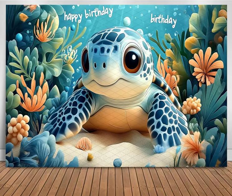Cute Turtle Theme Birthday Banner Photography Background Blue Decorative Baby Shower Photo Studio Portrait Shooting Background