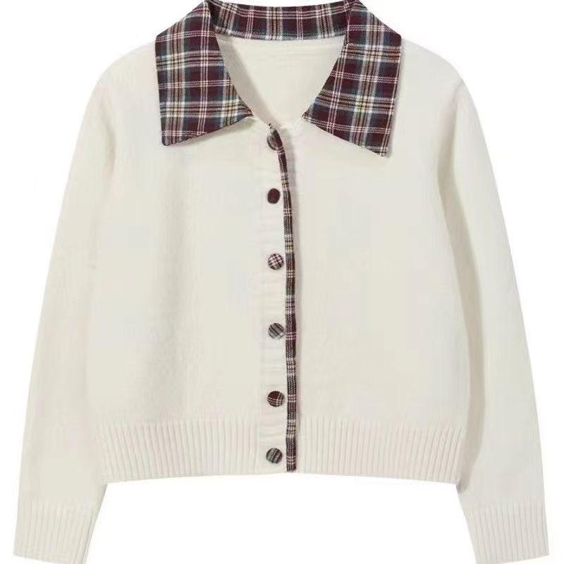 Fake Two-piece Plaid Splicing Neck Sweater Jacket Spring and Autumn New Gray College Loose Knitted Cardigan
