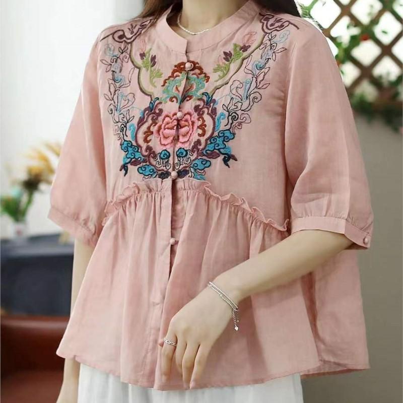 Johnature Women Embroidery Floral Vintage Shirts Tops Stand Half Sleeve Blouses