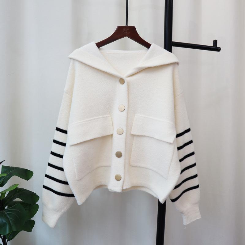 Autumn and winter new hooded sweater jacket loose striped design sense knitted double-sided cardigan women