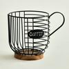 Metal Wire Cup Storage Basket with Wooden Base Coffee Mug Shape Hollow Out Organizer for Home Cafe Bar Countertop Kitchen Decor