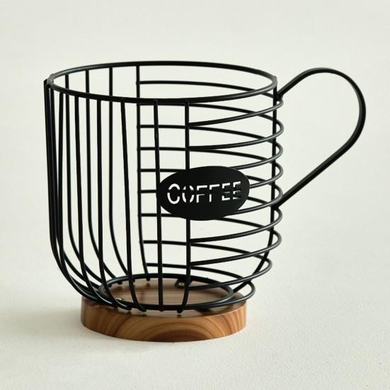 Metal Wire Cup Storage Basket with Wooden Base Coffee Mug Shape Hollow Out Organizer for Home Cafe Bar Countertop Kitchen Decor
