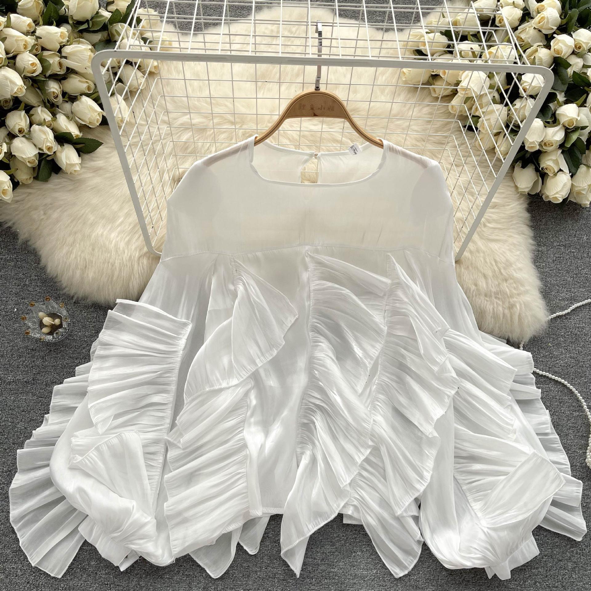 Нерегулярная свободная рубашка с длинными рукавами и оборками, женская осенняя французская блузка One size белый