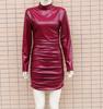 2022 Women's Faux Leather Stand-up Collar Pleated Bodycon Dress - European & American Fashion