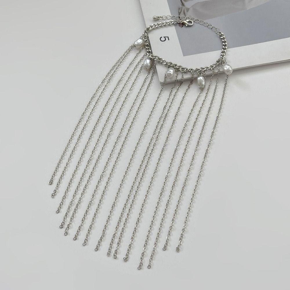 Silver Long Tassel Hand Chain Adjustable Link Chain Bracelets Imitation Pearl Bracelet Unisex
