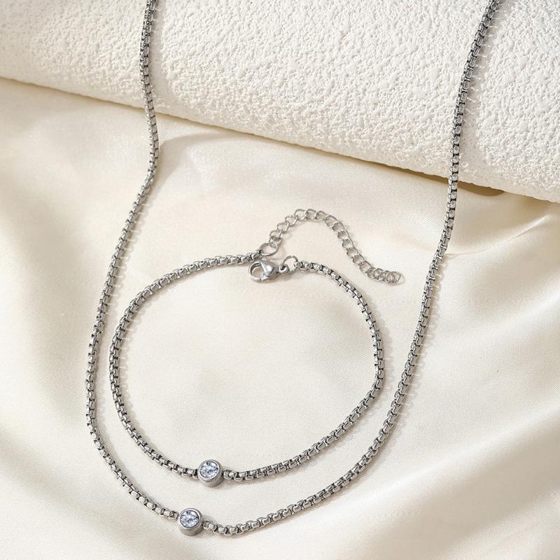 Gold Plated Stainless Steel Box Chain Necklace Bracelet Set with Single CZ Stone серебряный