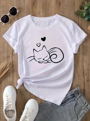 Women's Casual T-Shirt with Cute Cat Heart Design Printed Short Sleeve Round Neck Perfect for Summer Attire Comfortable Tee