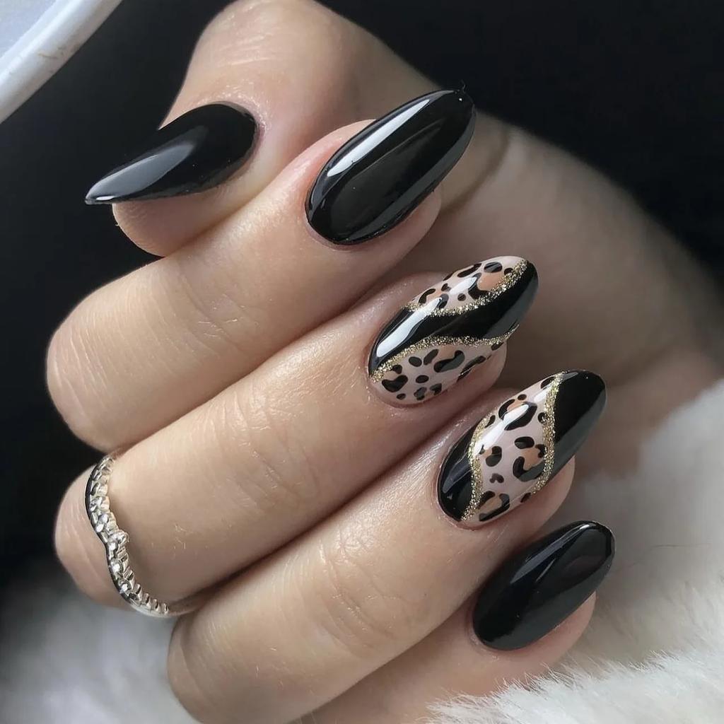 24Pcs Autumn Winter Matte Almond False Nails with Glue Rose Leaf Printing Nail Art Simple Full Cover Press On Acrylic Nails Tips