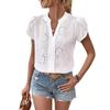Hollow Out Lace White Blouse Women Fashion Elegant V Neck Loose Sweet Shirts Ladies Casual Office Petal Short Sleeve Tops Simple Female Clothing