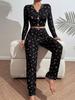 Women's European & American Style Printed Pajama Set: Long Sleeve Top & Long Pants, Casual Home Wear, Wearable Outdoors.