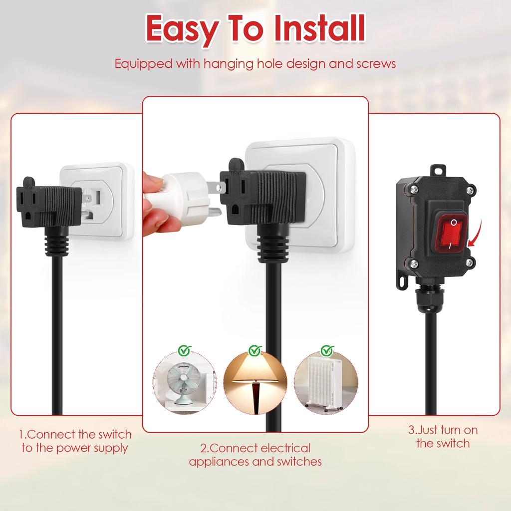 Inline Cord Switch with 3.61FT 14AWG Cable Piggyback Plug Waterproof Extension Cord 20A-250V Inline Power Switch for Appliance E