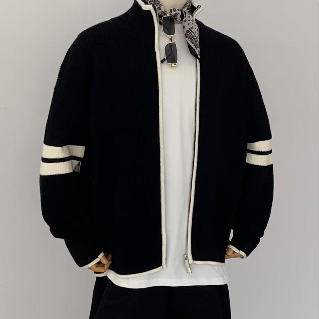 Men's Trendy 2025 Autumn/Winter Stand Collar Color Block Stripe Knit Zipper Cardigan Sweater Jacket