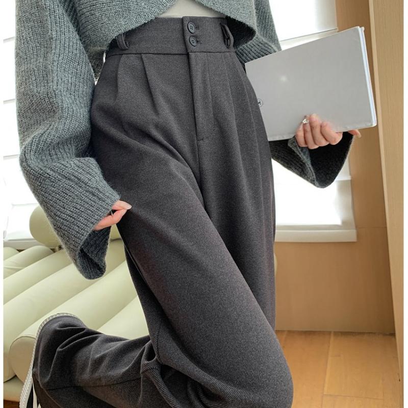 Autumn Winter High Waist Woolen Women's Wide Leg Pants New Button Korean Casual Loose Straight Full Length Trousers Female