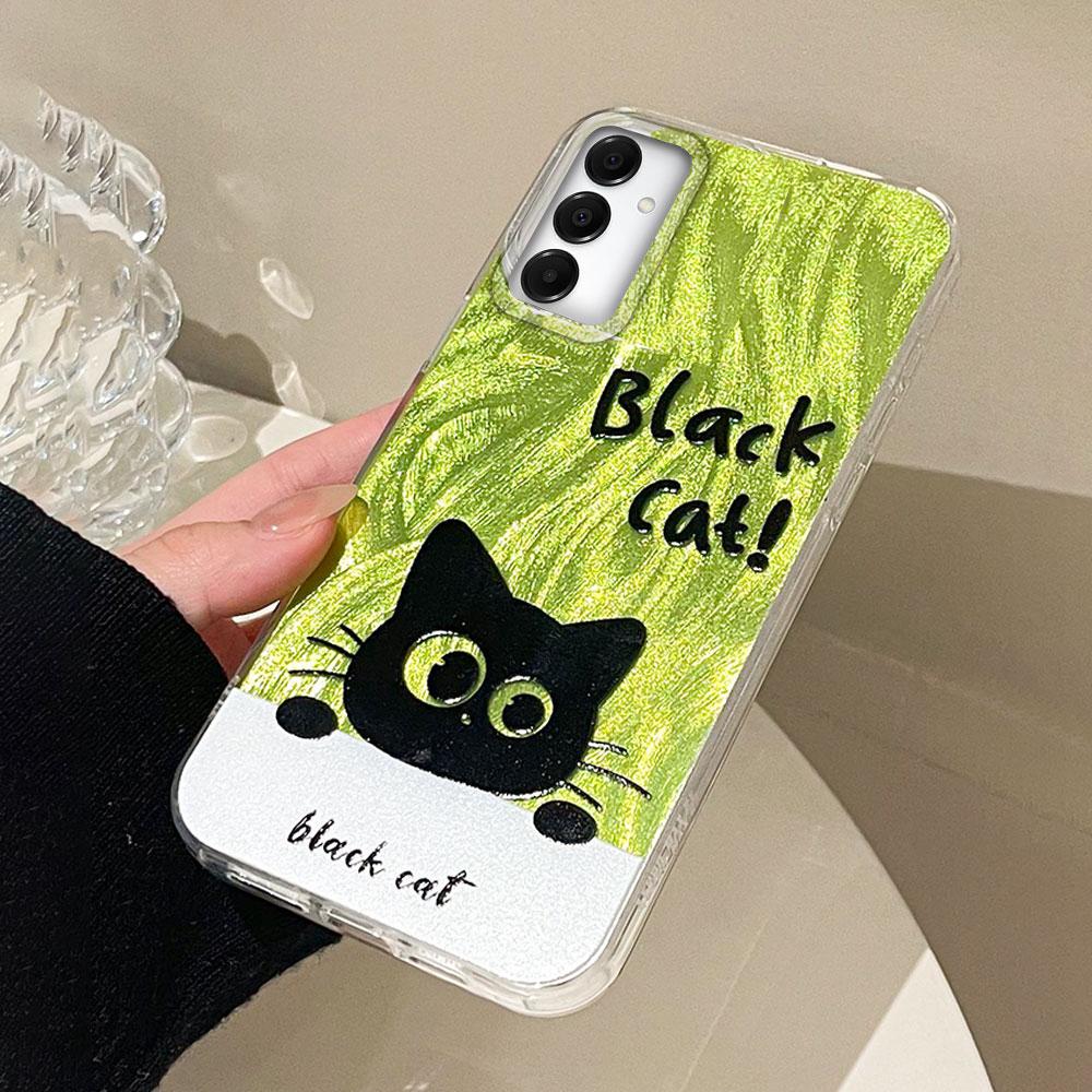 Green Cute Black Cat Camlet Texture Phone Case for Samsung Galaxy A55 A56 A36 A26 A16 A53 A06 A14 A24 A34 A54 A15 A25 A35 Cover