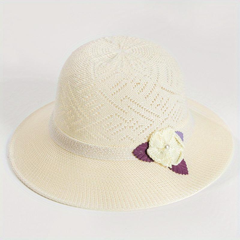 

Fashion Fisherman Hat Summer Hollow Hat Ladies Flowers Pearl Basin Hat Travel Hat Wind Rope Hat бежевый