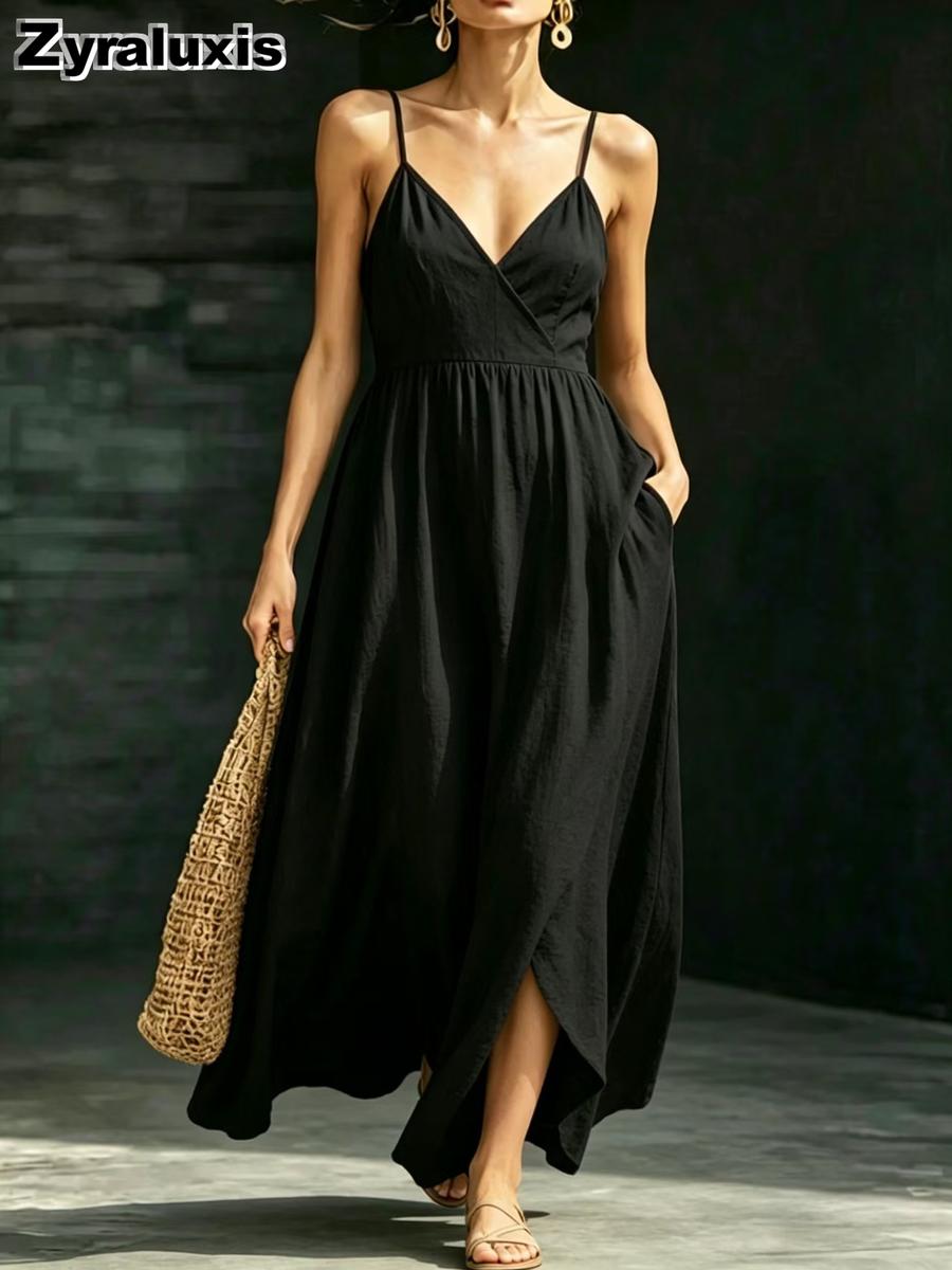 Women s Summer V-Neck Backless Strappy Pocket Elegant Long Sleeveless Dress S