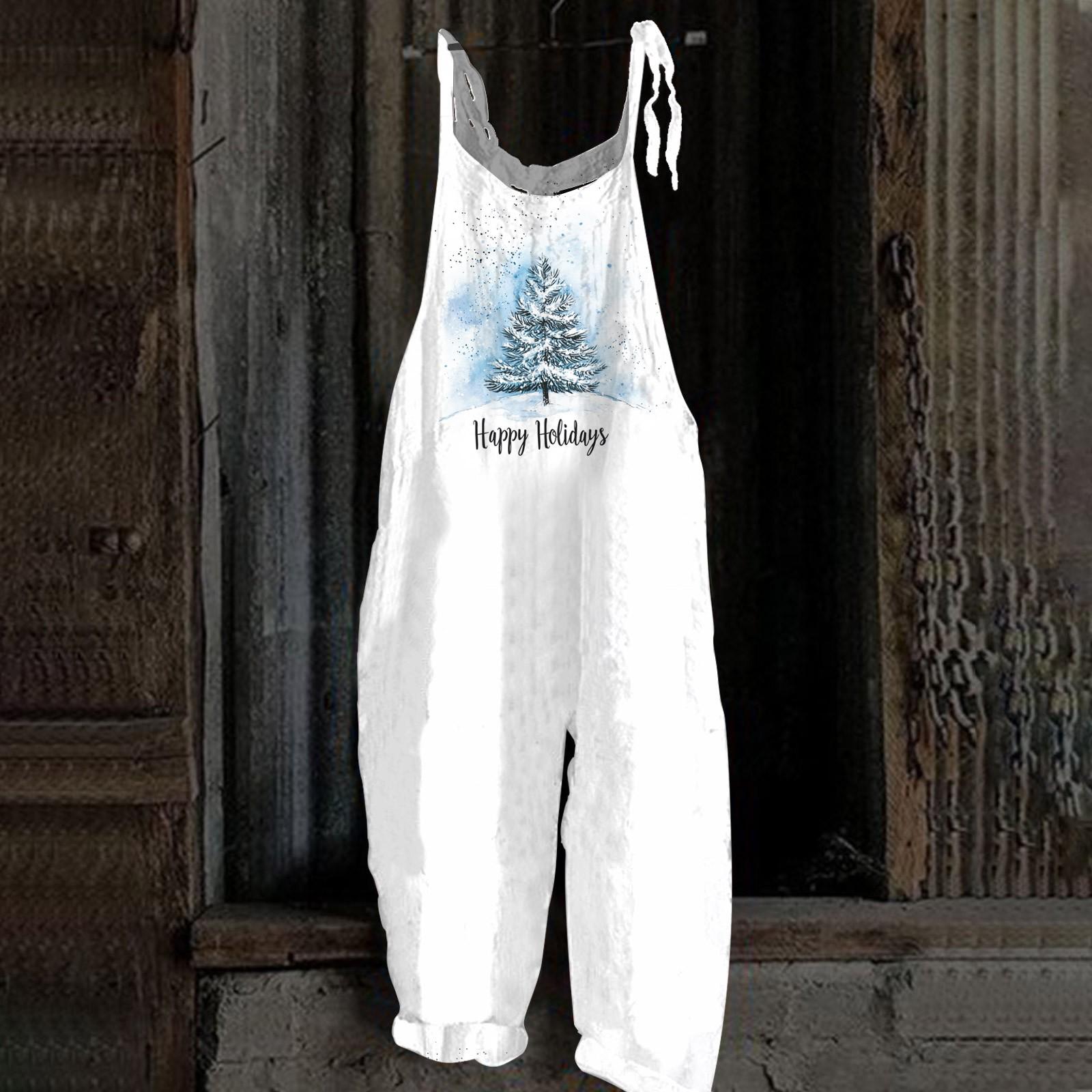 

Женский комбинезон с рождественским принтом, повседневный свободный винтажный комбинезон из хлопка и льна XXL белый