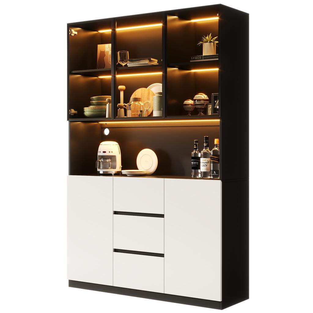 LED-beleuchteter Glasvitrinenschrank 120×40×200 cm – Gehärtetes Glas mit Regalen, Drei Schubladen und Zwei Türen, Vielseitig für Wohn- und Esszimmer.