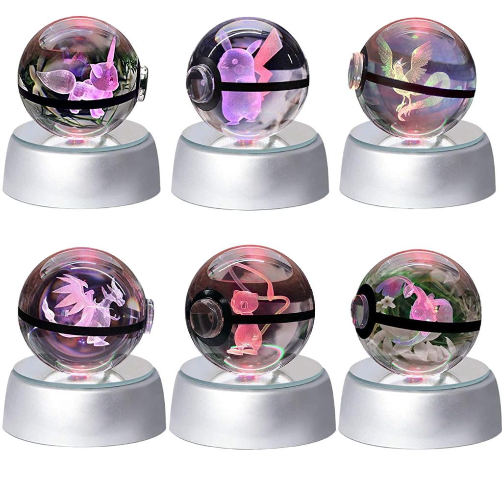 5cm  3D Crystal Ball Pikachu Eevee Mewtwo Carving Model LED Color Light Base Children's Gift Fans Toy Birthday Gift