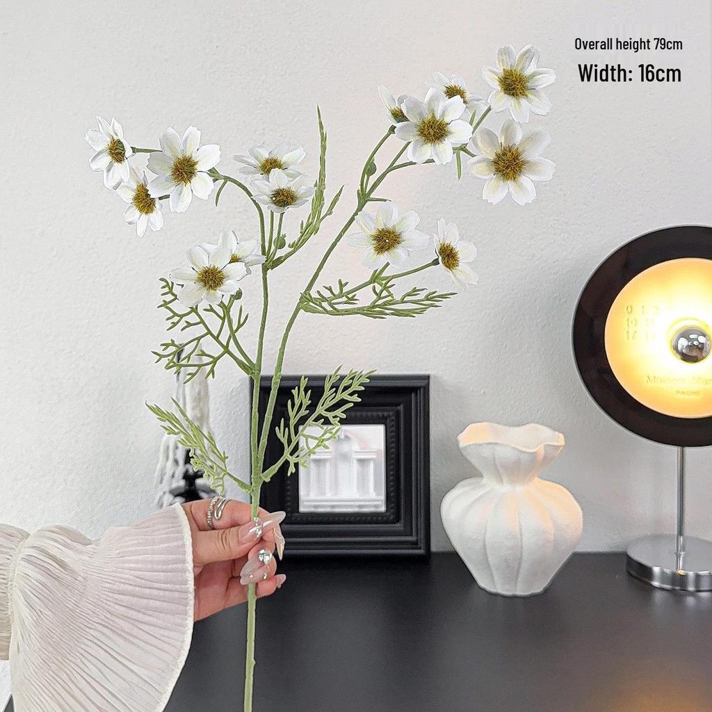 High-Grade Artificial 2-Branch Long Stem Flocked Small Daisy Bouquet for Home Dining Table Decor