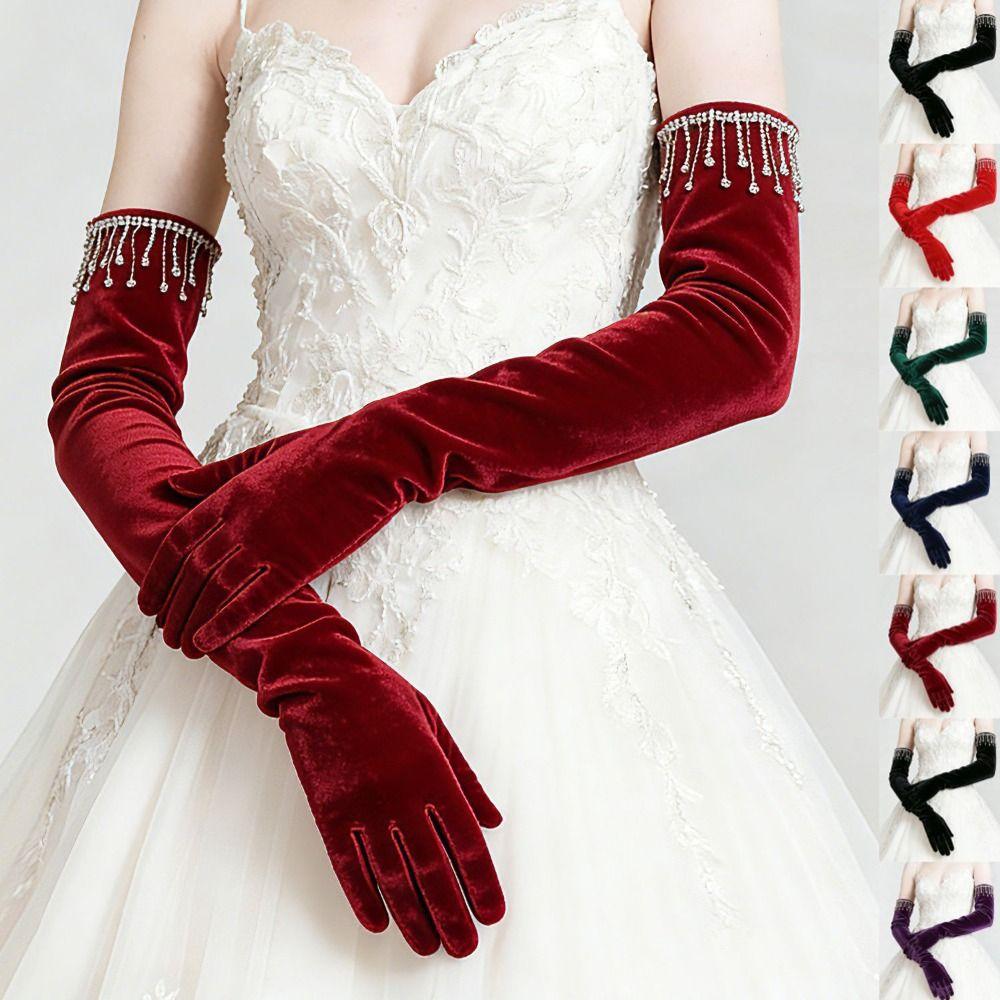 Solid Color Velvet Long Gloves Rhinestone Tassel Evening Dress Gloves  Dress-Up  Accessories