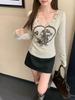 Plus Size Women's Retro V-neck Printed Long Sleeve T-shirt - Autumn Winter Spicy Girl Style