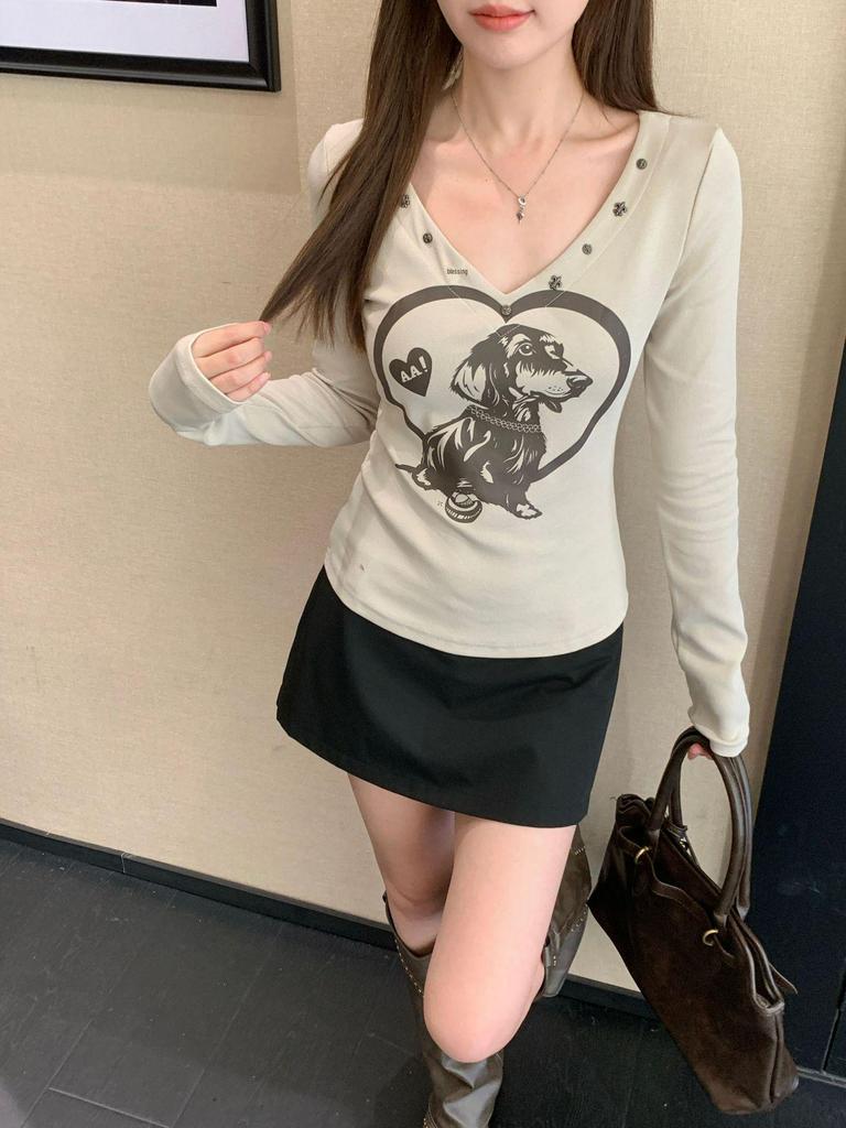 Plus Size Women's Retro V-neck Printed Long Sleeve T-shirt - Autumn Winter Spicy Girl Style