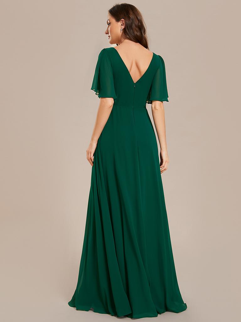 Ever-Pretty Women's Chiffon A-Line Empire Waist Floor Length V Neck Wedding Party Dress With Ruffles Sleeves