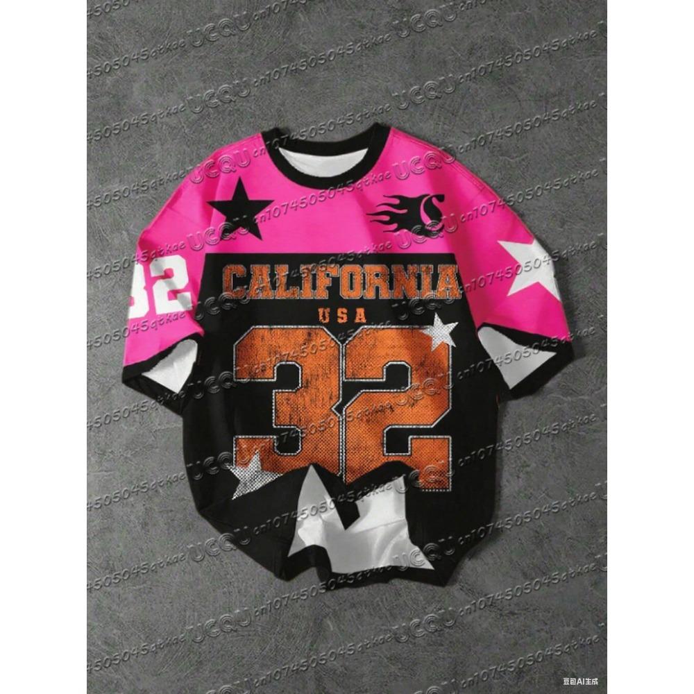 Printed short sleeved T-shirt, summer pattern T-shirt, baseball shirt, plus size women's sports T-shirt