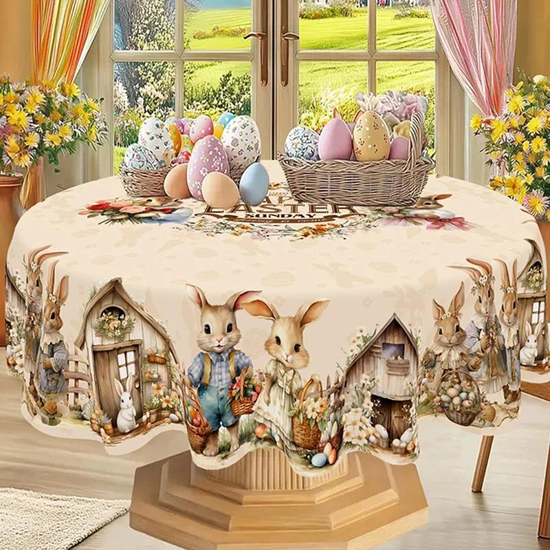 Vintage Easter Bunny Eggs Tablecloths Holiday Party Decor Spring Floral Rectangle/Round Table Cover Easter Decorations For Home