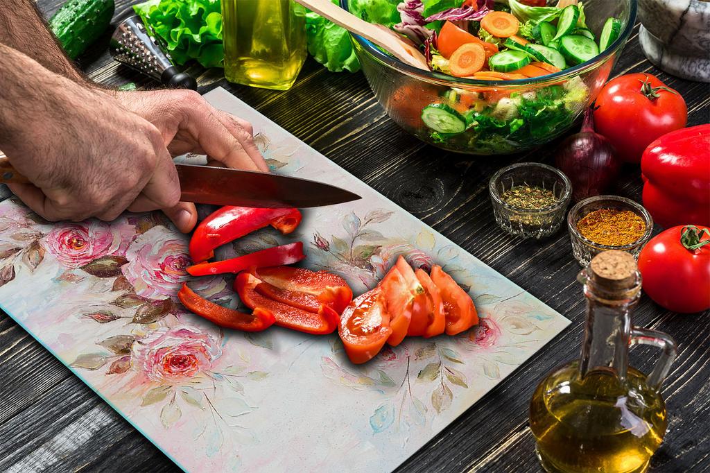 GLASS PLATE CUTTING BOARD 52x40 FLOWERS ROSES