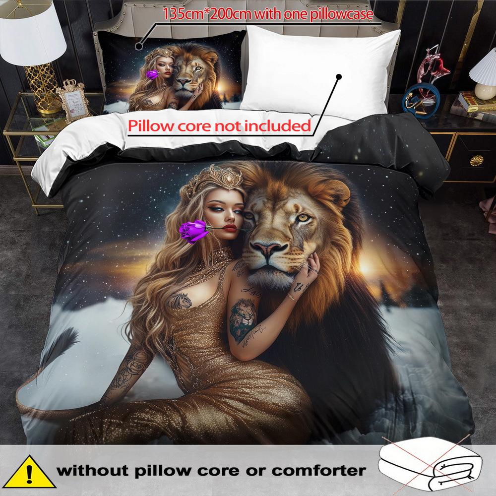 Open Lion Beauty Theme Down Comforter Cover Set - 2/3pcs, Soft And Comfortable Breathable, Fantasy Beauty Pattern Printed Bedding, Beast Bea 135cm*200cm