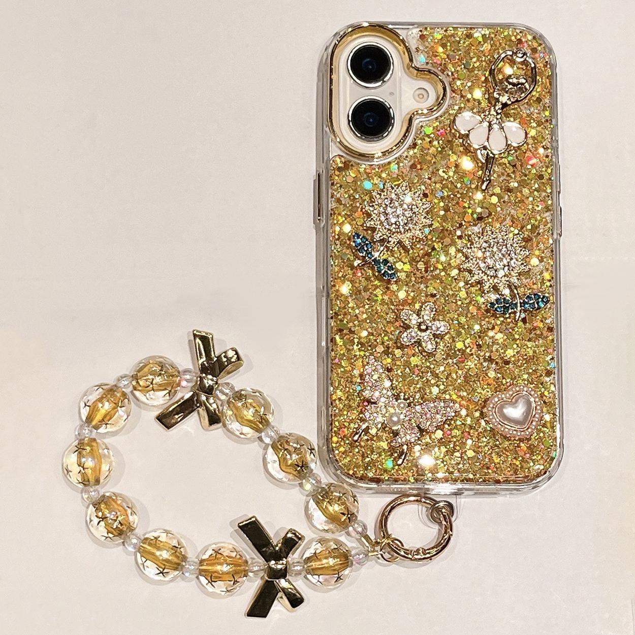 

Чехол для iPhone 16 с ремешком, блестящий, с эпоксидным дизайном подсолнуха и бабочки, чехол для телефона A