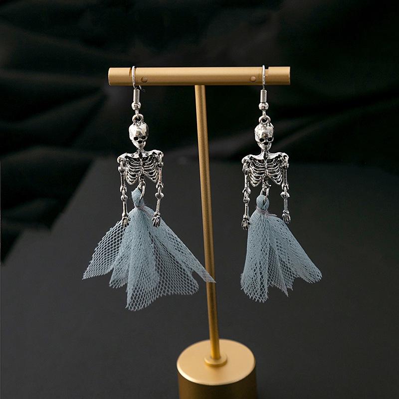 Hot-Selling Halloween Skull Dangle Earrings: Blue Mesh Punk Skeleton Earrings for Women