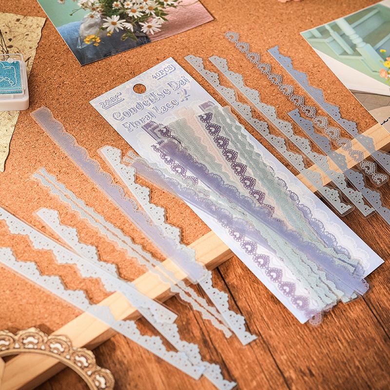 40 Pcs Lace Stickers Cute Aesthetics Decor Collage Junk Journal Scrapbooking Supplies Self Adhesive Creative Stationery Sticker