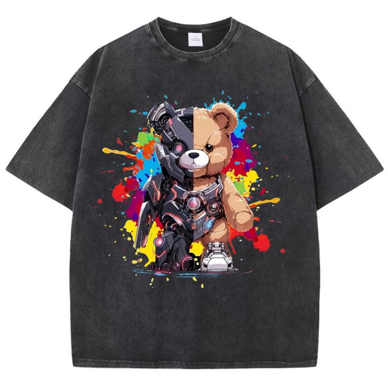 Womans Cotton Washed T-Shirts Fashion Loose O-Neck Tees Mech Warrior Bear Printing Short Sleeve Female Clothes