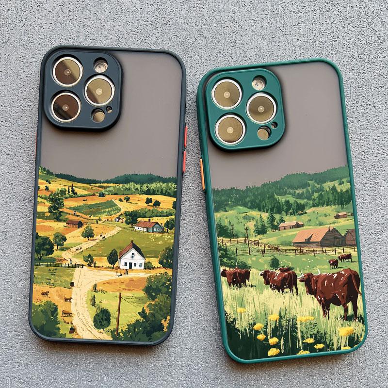 Rural Farm Scenery Pattern Phone Case For iPhone 17 16 15 14 Pro Max Plus 13 12 11 Pro Max Mini Cute Shockproof Back Cover Funda