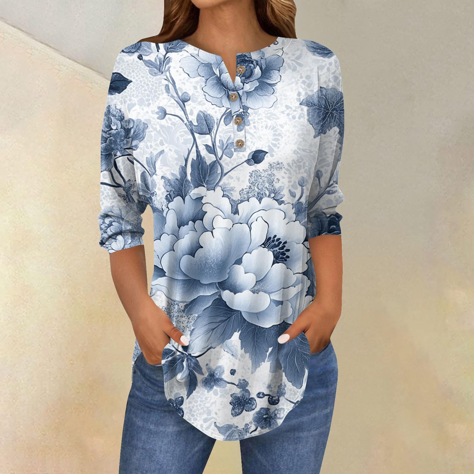 

Женская модная повседневная футболка с рукавом три четверти, цветочным принтом и круглым вырезом XXL