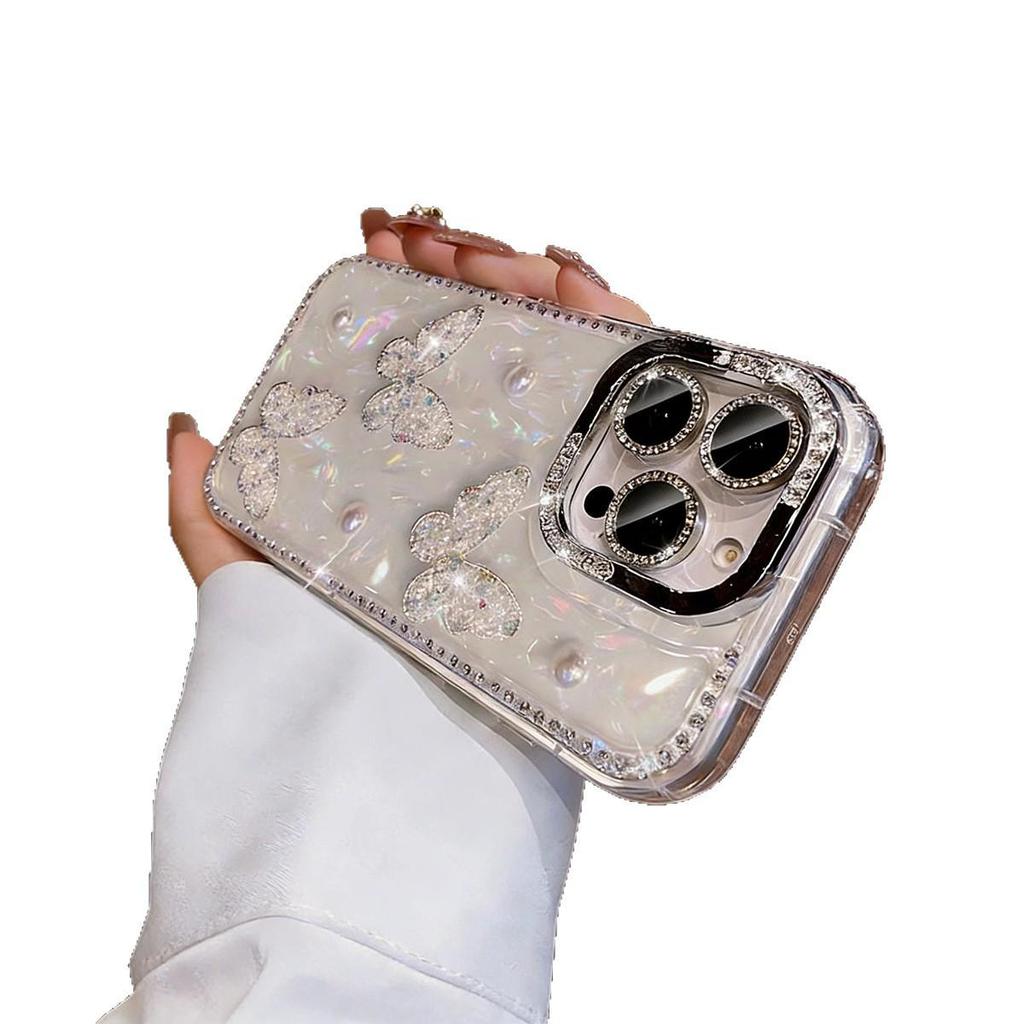 Apple iPhone 16 Pro Max Case: New 15 Rhinestone Lens Film with Pearl Butterfly Design for iPhone 17 Pro